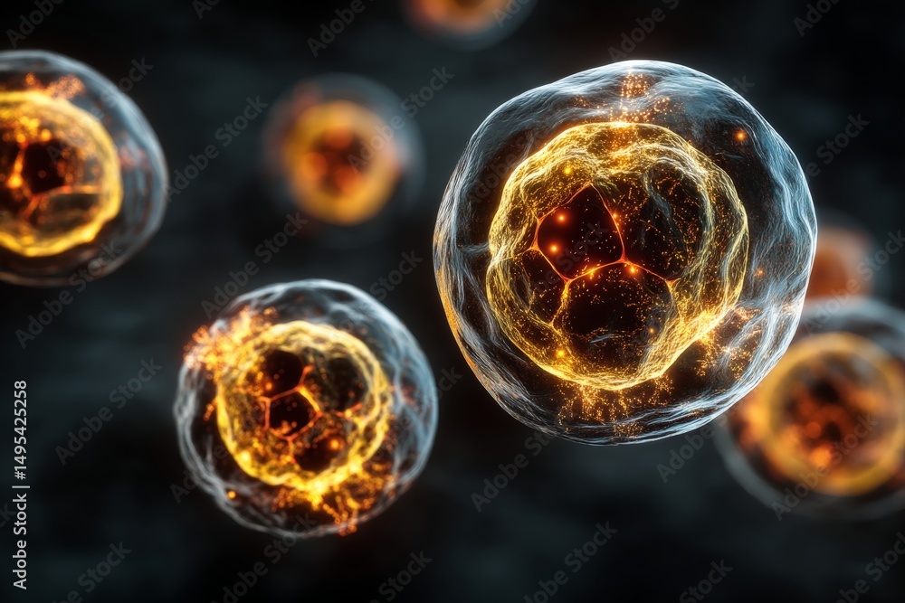 Aufkleber stunning visualization of glowing cells exhibiting vibrant energy dynamics in a dark background sett