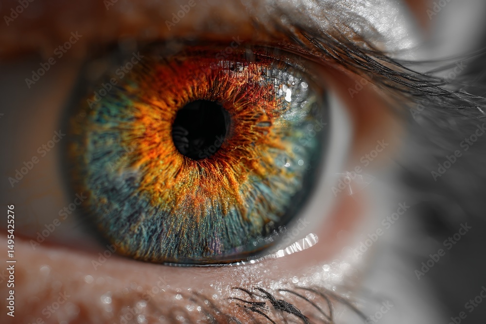 Poster detailed close-up view of a human eye showcasing vibrant colors and intricate patterns in the iris d