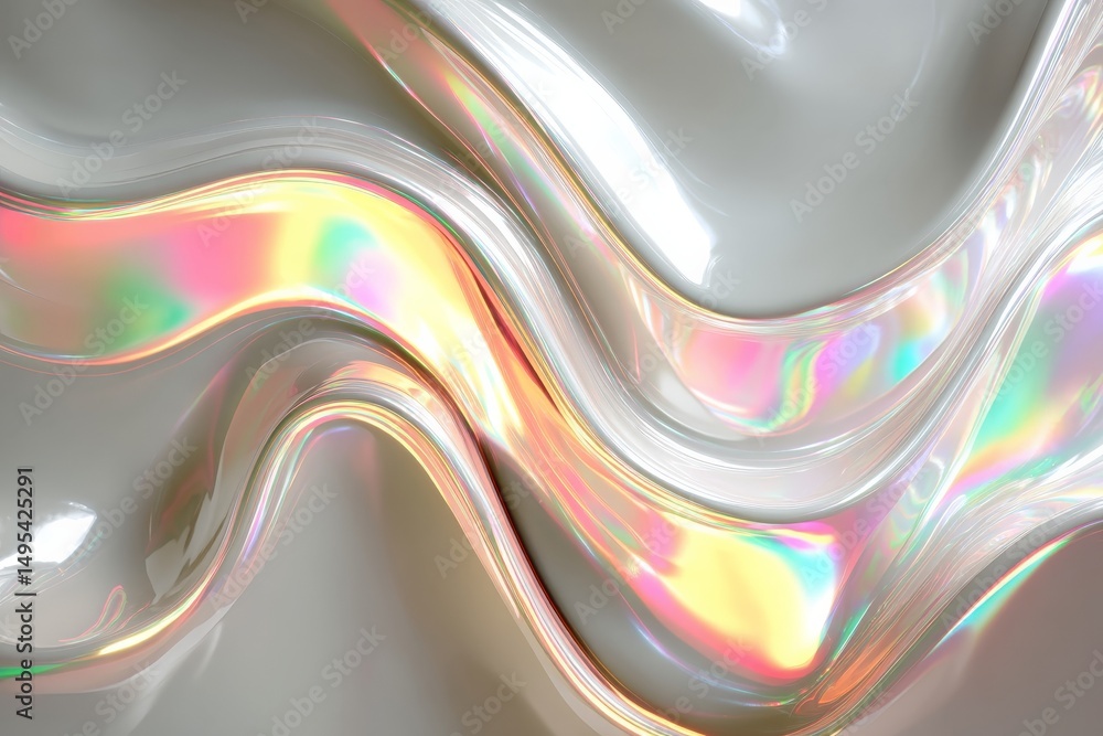 Poster Beautiful iridescent waves on a smooth surface reflect colorful light during daylight, creating a captivating visual effect