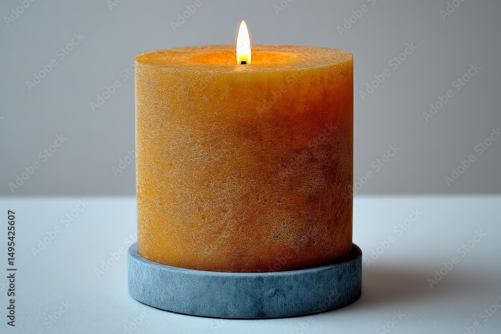 Poster warm glow from a vertical candle atop a minimalist gray base in soft lighting setting a serene ambia