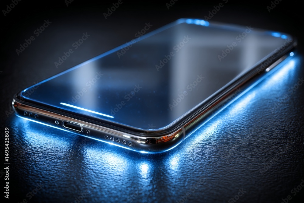 Poster smartphone with glowing edges resting on a dark surface during nighttime highlighting its modern des