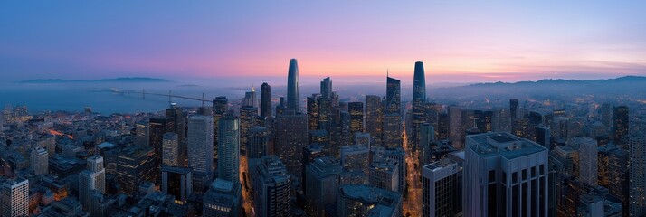 Fototapeta premium San francisco skyline at dusk with bay bridge and skyscrapers