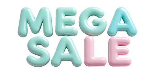 3D Glossy Balloon Text 'MEGA SALE' in Pastel Colors Isolated on Transparent Background