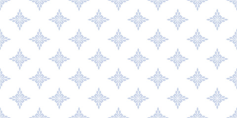 Elegant geometric floral ornament. Simple seamless pattern in damask, oriental style, with abstract flower silhouettes, foliage, tiles. Subtle blue and white background. Repeating delicate geo design