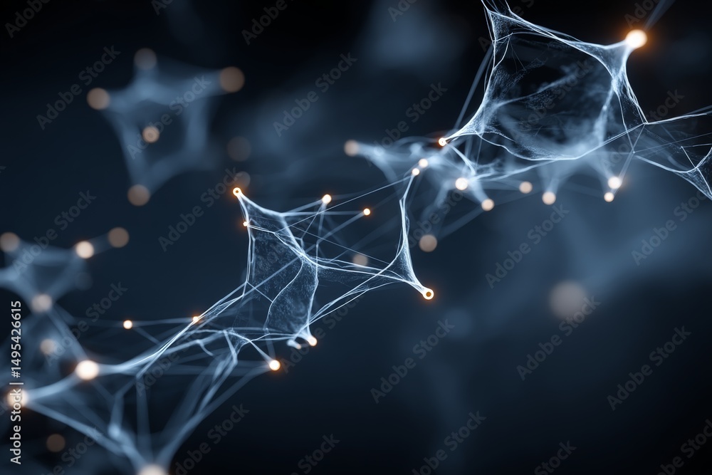 Poster Intricate network of glowing nodes and threads illustrating connections in a dark digital space