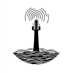 Lighthouse with wireless signal over wavy ocean. Stock image for nautical themes