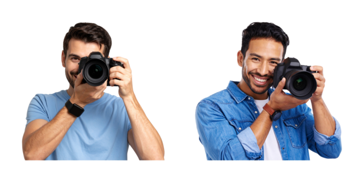  Young Male Photographer with DSLR Camera, isolated on transparent background PNG