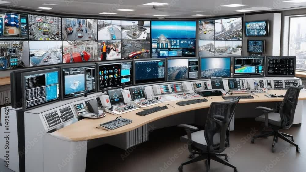 Poster modern control room: a high-tech, sterile and well-lit control room with multiple monitors displayin