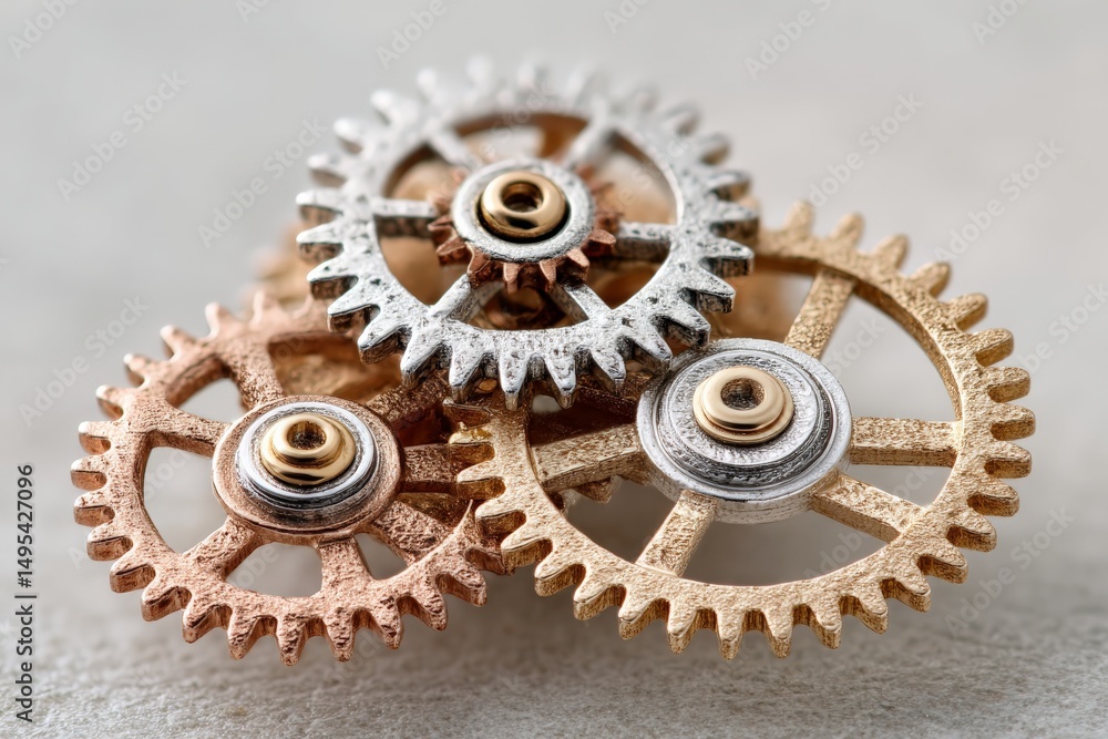 Poster intricate arrangement of antique gears in various metallic colors showcasing craftsmanship and engin