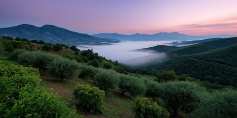 Fototapeta premium Misty sunrise over lush green valleys and mountain ranges in serene landscape