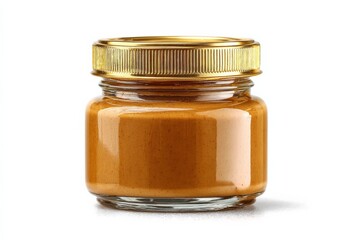 Homemade nut butter in glass jar with gold lid sitting on white background