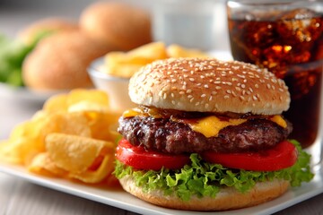 Juicy cheeseburger served with crispy chips and soda in a casual dining setting