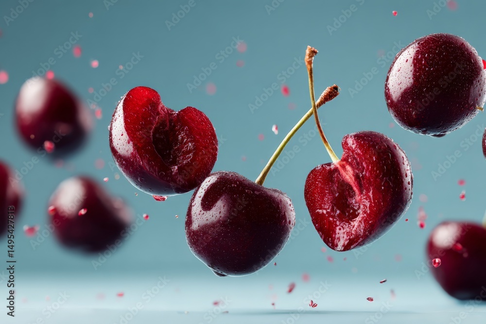 Poster cherries bursting with freshness in a vibrant display against a blue background at midday