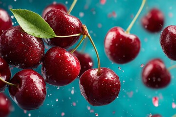 Fresh cherries falling with water droplets in vibrant blue background during summer season