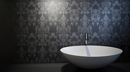 Modern bathroom interior with elegant wallpaper.