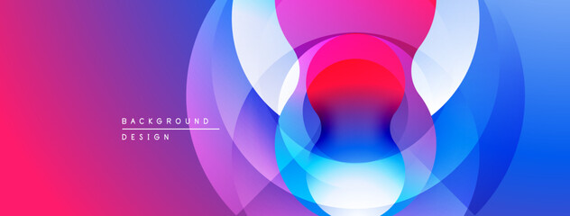 Abstract colorful circles overlap creating dynamic visual effect. Gradient shades blend smoothly, forming modern design.