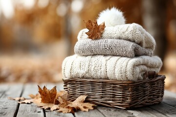 Cozy knitted sweaters stacked in a basket amidst fallen autumn leaves on a wooden surface