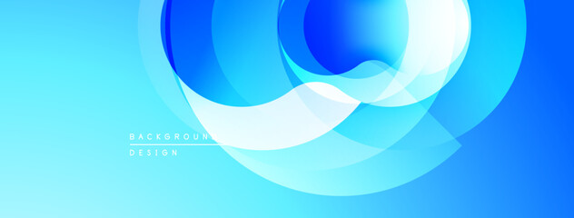 Abstract blue design. Overlapping circles create flowing, modern visual. Gradient shades offer depth, texture. Minimalist aesthetic.