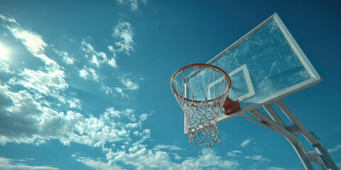 Clear Glass Basketball Backboard with Rim Against a Blue Sky