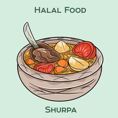 Shurpa is a hearty, halal-certified Central Asian soup featuring tender lamb, chunky vegetables, and aromatic spices simmered to perfection in a rich, clear broth.