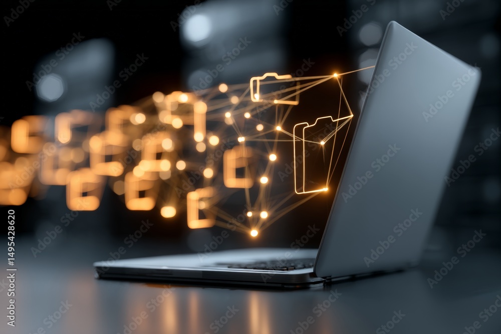 Poster digital data transfer and network connectivity illustrated with glowing folders and laptop in modern