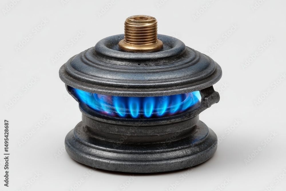 Poster blue flames emanate from a small, round burner component designed for heating in various application