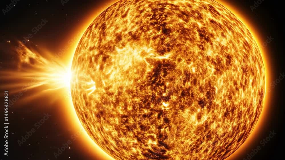 Poster solar flare erupting from sun in outer space with a starfield background celestial view