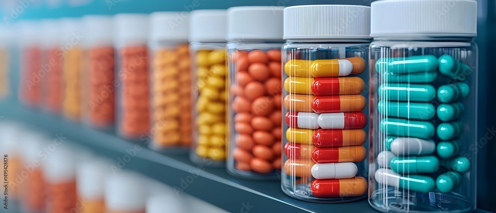 Poster assorted pill bottles filled with colorful capsules and tablets are neatly lined up on a pharmacy sh