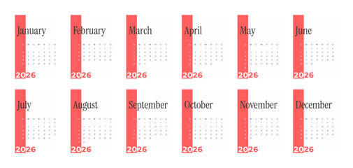 2026 Calendar Template. Week starts on Monday. Replaceable text. Portrait resolution
