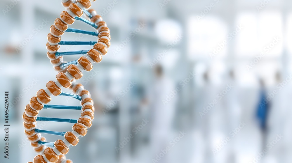 Poster a close-up of a dna double helix in a modern laboratory setting with scientists working in the backg