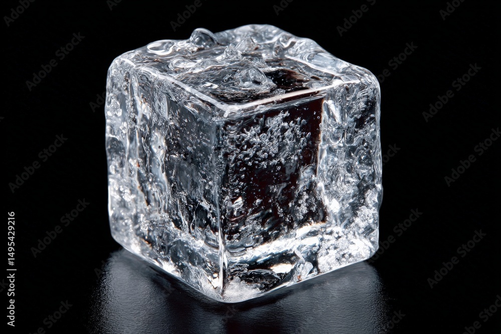 Poster ice cube captured in detail against a black background showcasing its clarity and texture