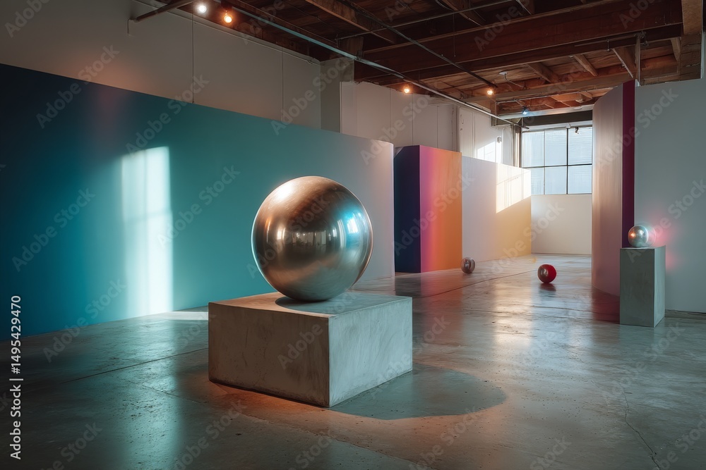 Poster art exhibit showcasing reflective sculptures in a brightly colored gallery space with modern design 