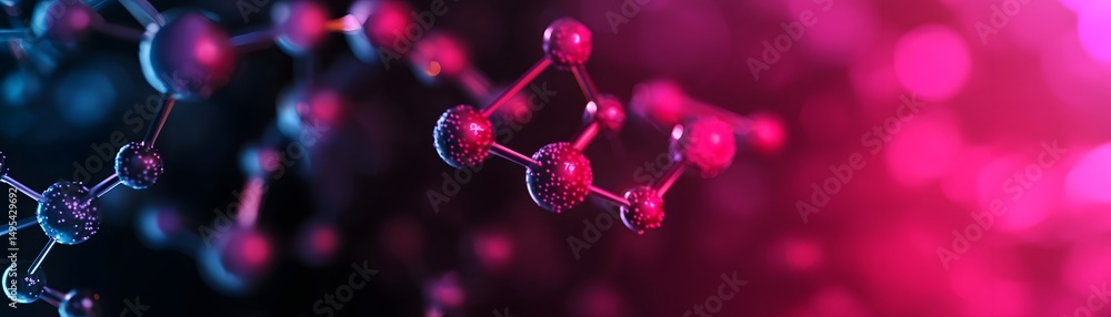 Poster 3d rendering of molecular structures with blue and pink lighting, showcasing connections between ato