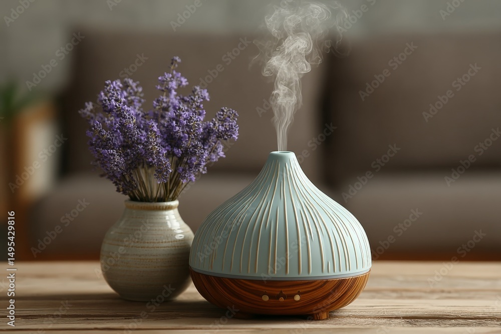 Poster diffuser with gentle mist and lavender flowers arranged on a wooden table in a cozy living room