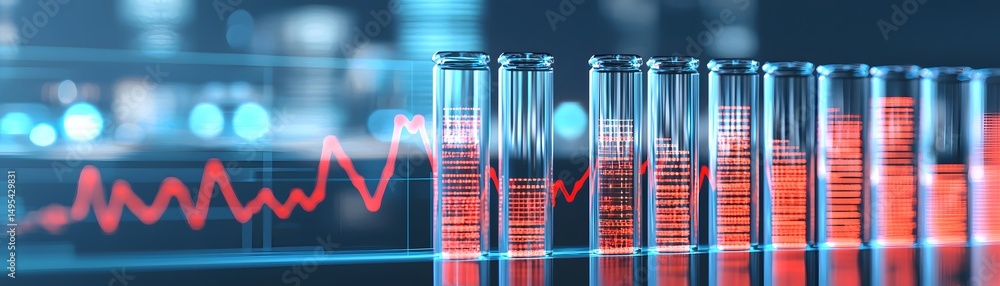 Poster test tubes with digital data and a red graph line, symbolizing scientific research and analytics in 
