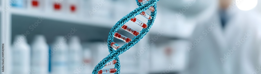 Poster a dna double helix model in a laboratory setting with blurred shelves and a person in a lab coat in 