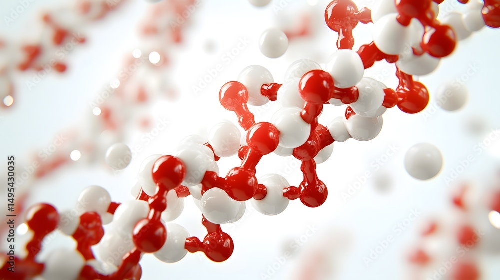 Poster 3d rendering of a molecular structure with interconnected red and white spheres, representing atoms 