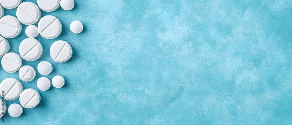 Poster white tablets scattered on a textured blue background with empty space on the right.