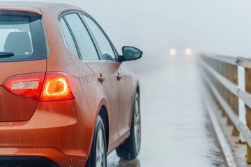 A car on a bridge surrounded by light, featuring rain and mist for atmospheric effect.