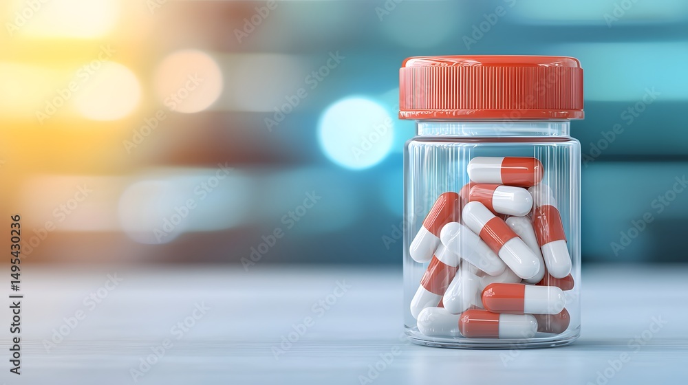 Poster a clear bottle with a red cap filled with red and white capsules sits on a smooth surface with a blu