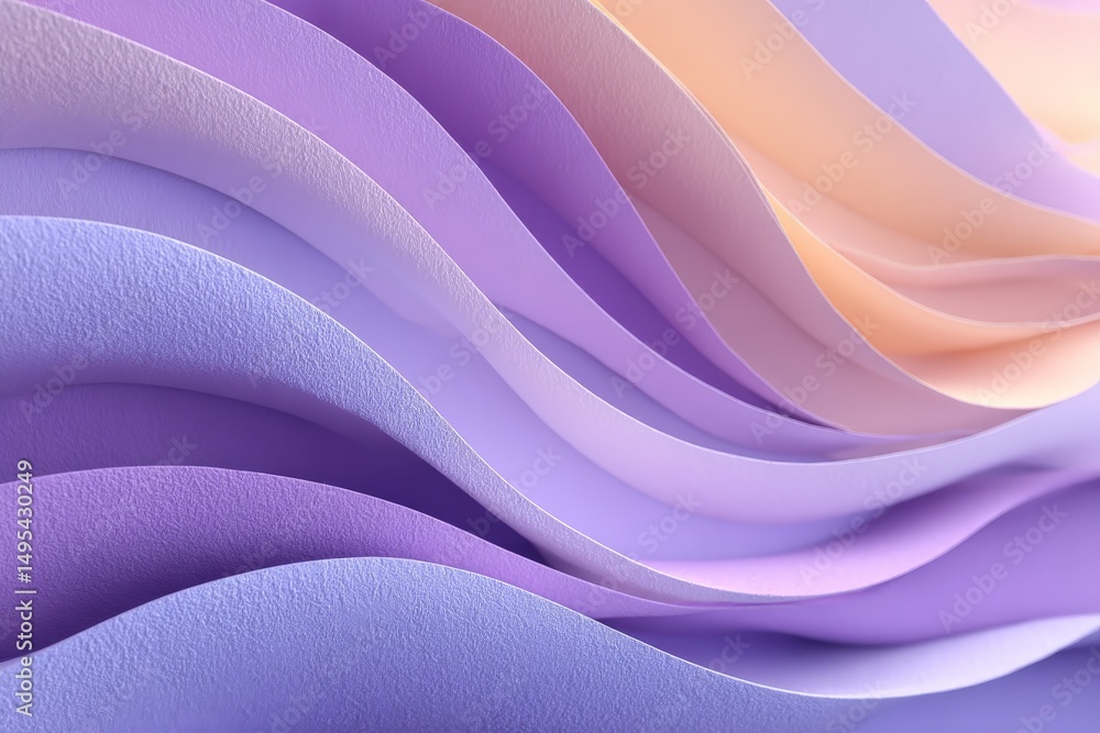 Poster Vibrant undulating layers of purple and peach paper create an abstract background in soft hues and smooth textures