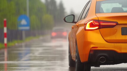 Naklejka premium A car's tail lights fade into a misty rain, creating a moody, atmospheric scene captured in high resolution.
