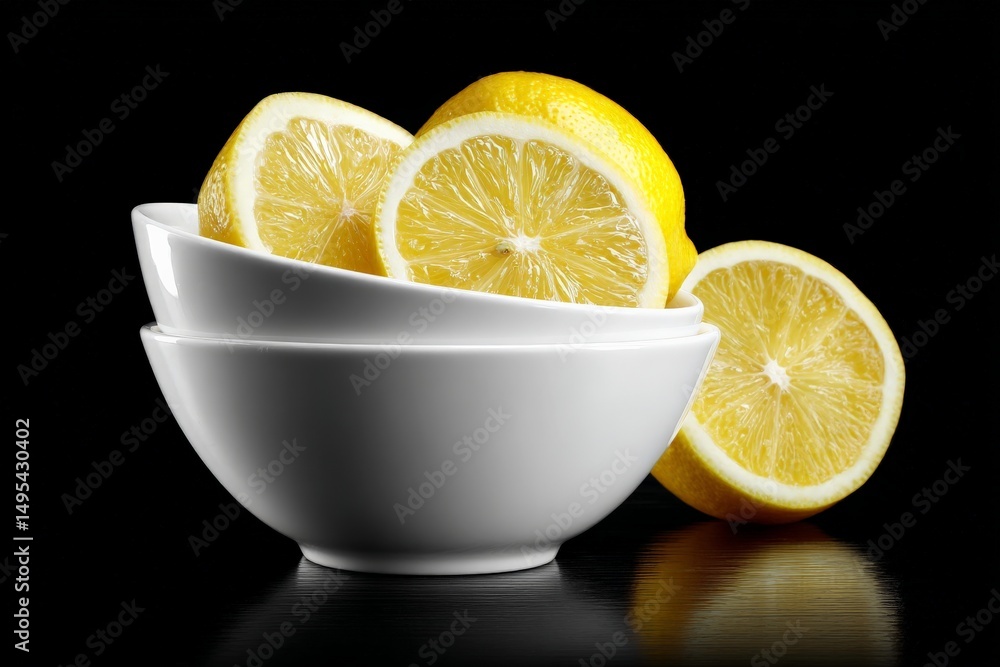 Poster lemon halves and whole lemons arranged in white bowls on a reflective surface with a black backgroun