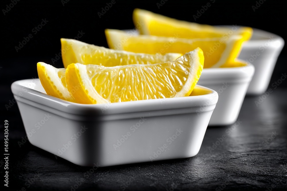 Aufkleber bright lemon slices arranged in white bowls against a dark background for culinary presentation