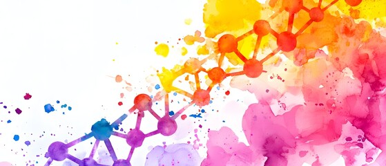 Obraz premium A colorful watercolor illustration of a molecular structure, blending science and art with vibrant splashes of pink, yellow, orange, and purple.