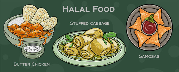 Popular Halal Cuisine Set. Hand-drawn vector illustration on a dark background.