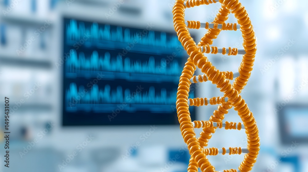 Poster a 3d dna helix model is displayed in a laboratory with a computer showing genetic data in the backgr