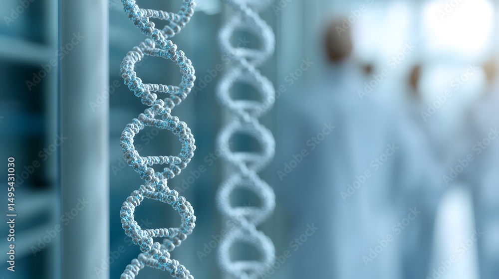 Poster close-up of dna double helix strands in a laboratory with scientists in the background.
