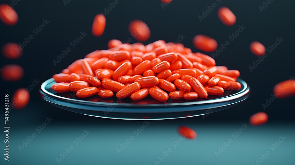 Poster a plate filled with many red capsules, with some capsules appearing to float or fall around it.