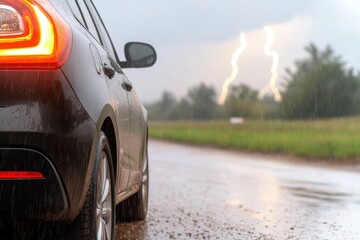 A dramatic scene of a thunderstorm over a parked car in a rain-soaked environment.